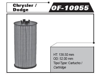 FILTRO ACEITE AFINACION  CHRYSLER  DURANGO  GRAN CARAVAN  JOURNEY AVENGER CHALLENGER WRANGLER  OF-10955 11/12  V6 3.6L CODIGO  OF-10955