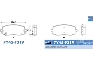 BALATAS CHRYSLER DODGE I10 12/14   DELANTERA   7Y45-Z-F319    CODIGO SPC-7Y45-Z-F319