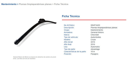 PLUMA LIMPIAPARABRISAS 18  AC DELCO LIMP 18.     CODIGO MFS450